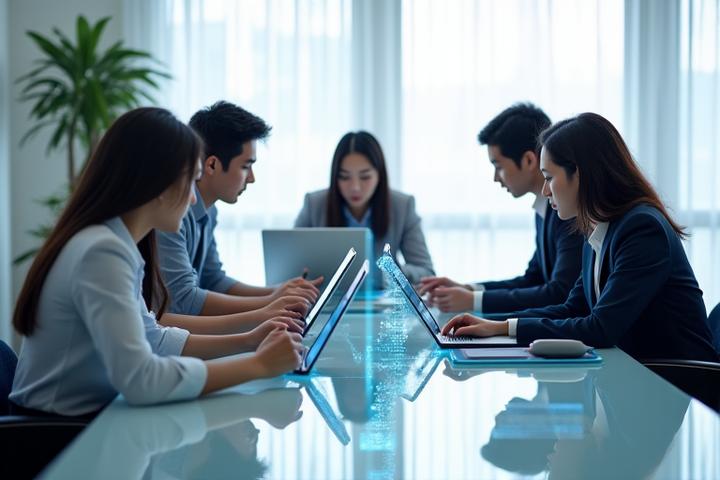 日本のビジネスオフィスでモバイルデバイスを操作するプロフェッショナルなチーム