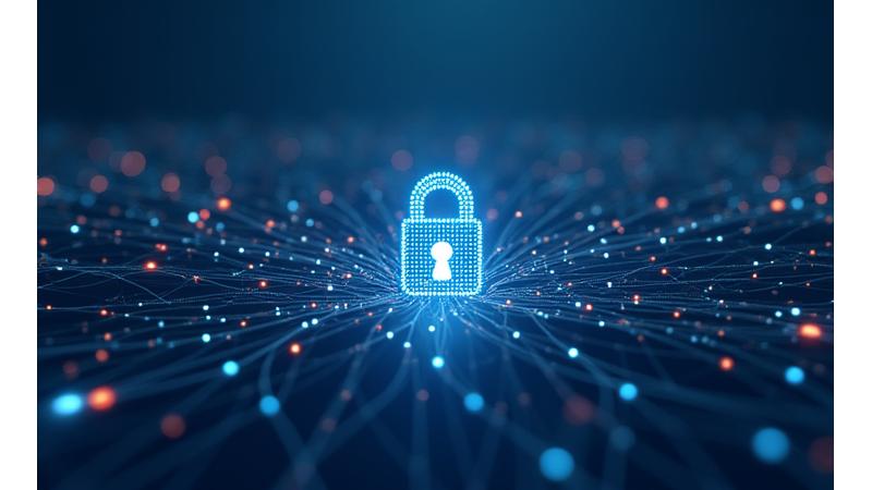 サイバーセキュリティの概念を示す南京錠とデジタルネットワークのアイコン