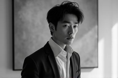 現代美術家 吉田健司のポートレート。モノクロームの背景に、彼のアート作品が一部見える。