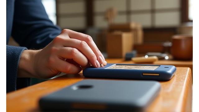 職人が繊細な手つきでスマホケースの細部を仕上げている様子。背景は日本の伝統的な工房の雰囲気。