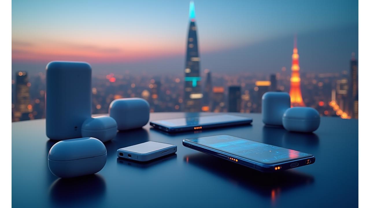 日本の都市の背景に浮かび上がる最新のスマートフォンとアクセサリ