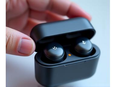 高性能Bluetoothイヤホンが充電ケースから取り出される瞬間