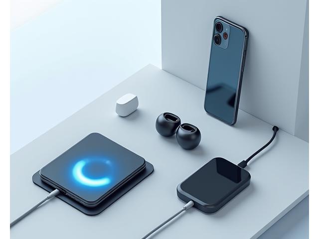 モダンな空間に置かれた、最新のiPhoneケース、ワイヤレス充電器、Bluetoothイヤホンが美しく並べられたディスプレイ